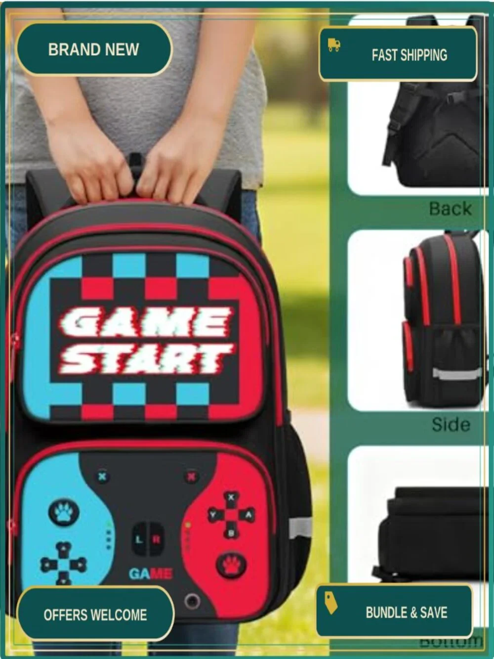 Kids Game Controller Backpack Boys Water Resistant School Bag Ergonomic